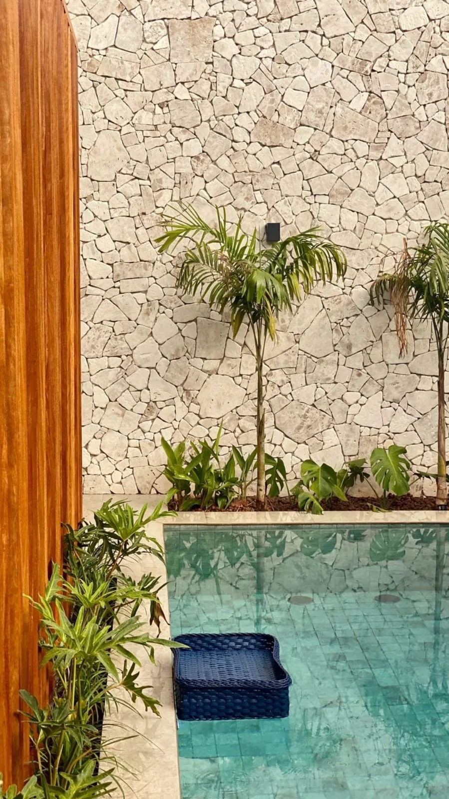 Parede de pedra clara junto a uma piscina, com vegetação e acabamento em madeira.